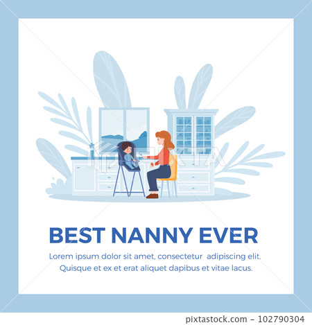 Best nanny banner or card with woman feeding a child, flat vector isolated. 102790304