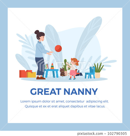 Nanny banner or card with child and babysitter have fun, vector illustration. 102790305