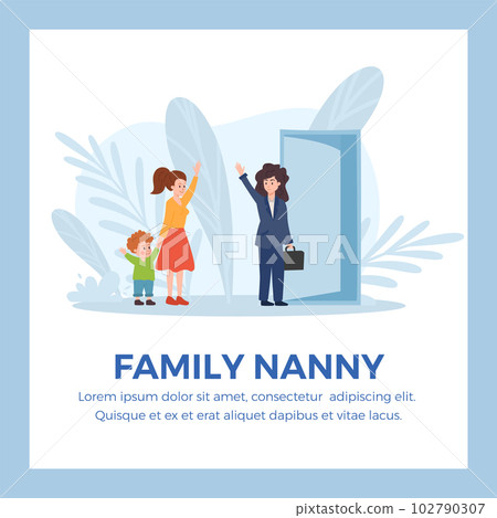 Family nanny banner with child stays at home with nanny, vector illustration. 102790307