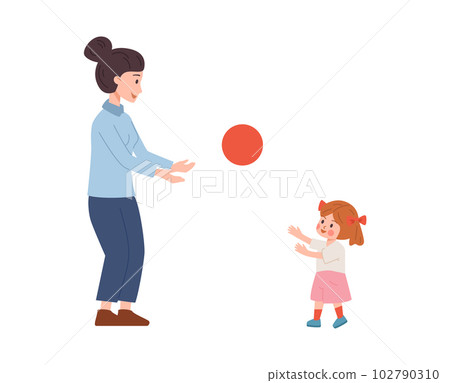 Adult woman plays ball with child flat cartoon vector illustration isolated. Adult woman plays ball with child flat cartoon vector illustration isolated. 102790310