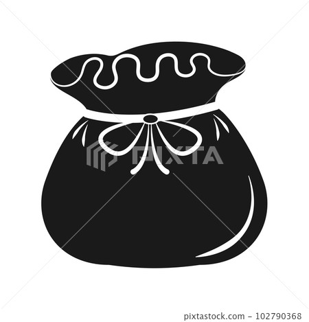 Bag with surprise icon. Santa gift Christmas bag. Black silhouette of an open money bag 102790368