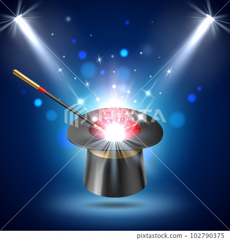 Realistic magic hat. Illusionist trick cap, 3d fireworks effect with witch wand and top hat, bright spotlights, circus wizard performance, black cylinder for magician show utter vector concept Realistic magic hat. Illusionist trick cap, 3d fireworks effect with witch wand and top hat, bright spotlights, circus wizard performance, black cylinder for magician show utter vector concept 102790375