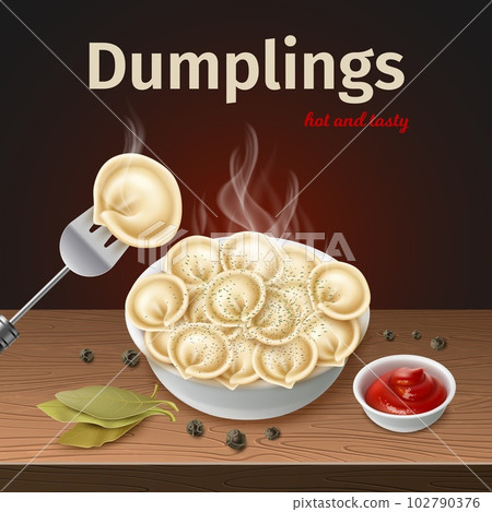 Realistic dumplings plate. Hot boiled dough with meat filling, steam pelmeni, homemade fast food, ketchup, bay leaf and pepper, advertising or menu template 3d elements, utter vector concept Realistic dumplings plate. Hot boiled dough with meat filling, steam pelmeni, homemade fast food, ketchup, bay leaf and pepper, advertising or menu template 3d elements, utter vector concept 102790376