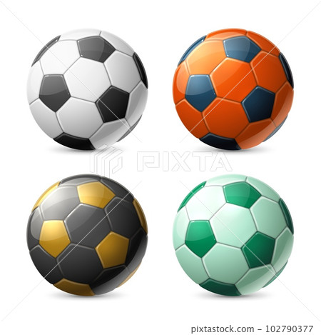 Realistic color soccer balls. Isolated 3d sport inventory, team game object, football equipment, geometric classic print and different color scheme, leather shell element utter vector set 102790377