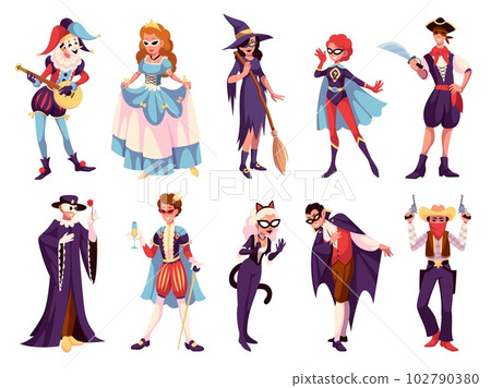 Masquerade costumes people. Funny men and women in holiday carnival wears, renaissance, halloween and western parties. Characters on performance cartoon flat isolated tidy vector set Masquerade costumes people. Funny men and women in holiday carnival wears, renaissance, halloween and western parties. Characters on performance cartoon flat isolated tidy vector set 102790380