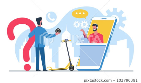 Man broke his rented electric scooter and calls tech support for repairs and insurance payments. Repair service. Technical transport inspection cartoon flat style isolated vector concept 102790381