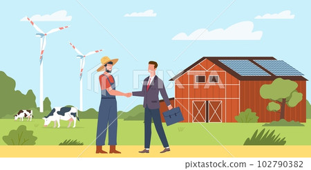 Farmer and businessman shake hands, agree to supply organic products. Countryside summer landscape, eco vegetables and meat produce. Cartoon flat style isolated vector business concept 102790382