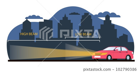 Car with low and high beams, in background of night city. Sedan automobile with bright headlights in urban landscape, glowing xenon lamps, cartoon flat style isolated vector concept 102790386