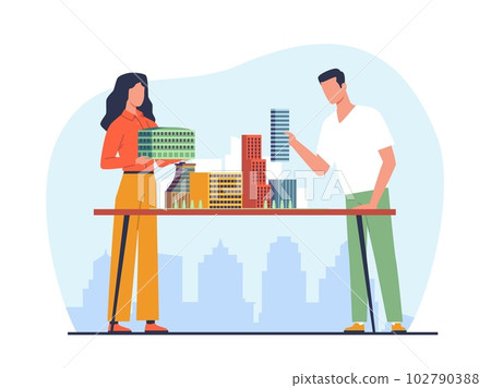 Architects man and woman build model of residential area with skyscrapers. Professional conduction workers teamwork, engineer and designer cartoon flat style isolated vector concept Architects man and woman build model of residential area with skyscrapers. Professional conduction workers teamwork, engineer and designer cartoon flat style isolated vector concept 102790388