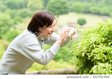 A woman taking a picture of the greenery of the park with a smartphone camera A woman taking a picture of the greenery of the park with a smartphone camera 102791409