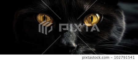 A stunning black cat with piercing yellow eyes looking straight at the camera, creating an atmosphere of wonder and intrigue. Is AI Generative. A stunning black cat with piercing yellow eyes looking straight at the camera, creating an atmosphere of wonder and intrigue. Is AI Generative. 102791541