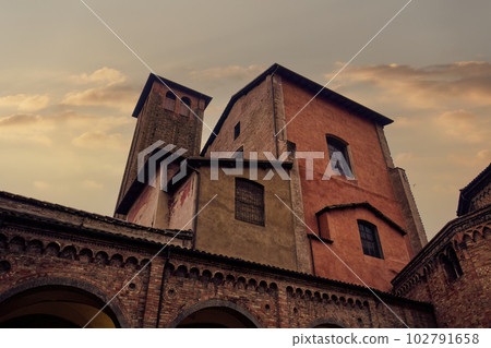 Bologna, Italy low angle view of Santo Stefano complex buildings, part of Sette Chiese, the Seven Churches. 102791658