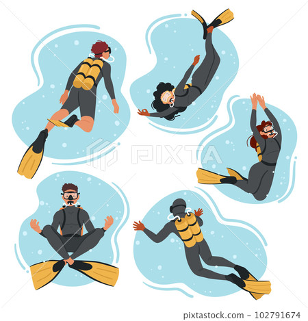 Skilled Underwater Explorers, Divers Character Navigate The Depths With Precision, Bravery, And Determination 102791674