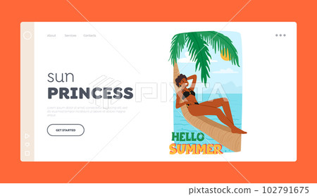Sun Princess Landing Page Template. Black Woman Lies Comfortably On A Palm Tree, Enjoying Summer, Vector Illustration 102791675
