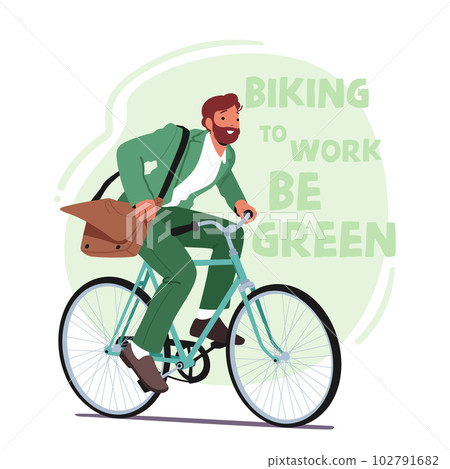 Eco-friendly Man Rides A Bike to Work For Sustainability, Reducing Carbon Footprint And Promoting A Healthy Lifestyle Eco-friendly Man Rides A Bike to Work For Sustainability, Reducing Carbon Footprint And Promoting A Healthy Lifestyle 102791682