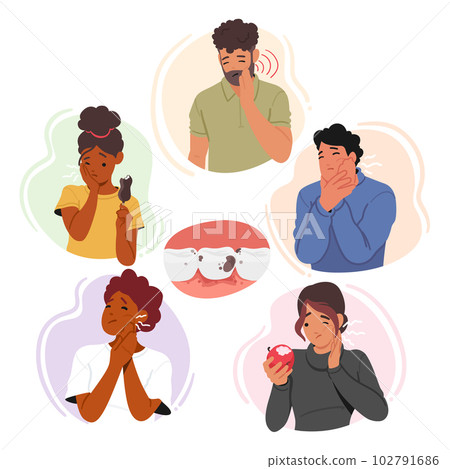 Set of Characters Feel Severe Dental Pain Causing Discomfort And Sensitivity. Requires Immediate Attention Set of Characters Feel Severe Dental Pain Causing Discomfort And Sensitivity. Requires Immediate Attention 102791686