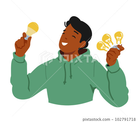 Man Saves Energy By Using Led Bulb For Lighting. Male Character Efficient And Eco-friendly Choice, Reducing Electricity 102791718