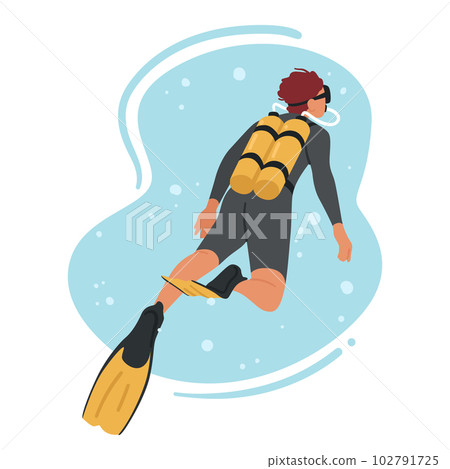 Skilled Diver Male Character Exploring Underwater Realms, Discovering Marine Life, Encountering Breathtaking Reefs 102791725