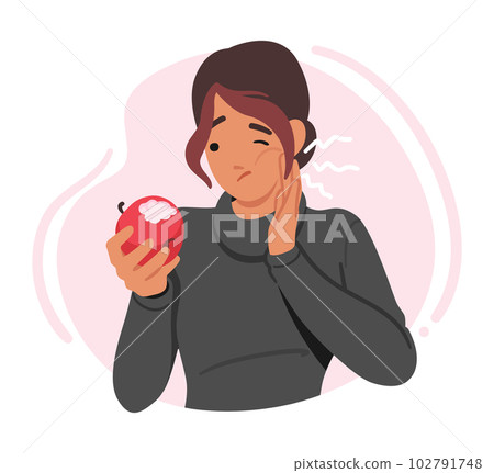 Female Character Grimacing With A Hand On Her Cheek, Holding An Apple. Woman Expressing Pain From Toothache 102791748