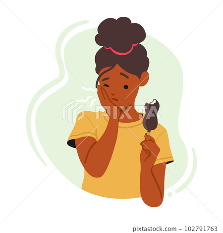 Woman With Ice Cream Experiences Toothache. Female Character Grimacing, Holding Jaw, Regrets Indulgence As Cold Treat Woman With Ice Cream Experiences Toothache. Female Character Grimacing, Holding Jaw, Regrets Indulgence As Cold Treat 102791763