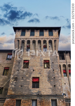 Bologna, Italy Lapi tower, Torre Lapi, part of the Municipal building, incorporated into the walls of Palazzo dAccursio complex against sky. 102791830