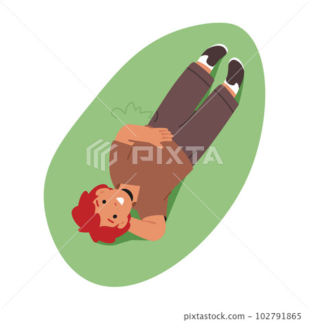 Little Boy Character Lying On Green Meadow, Surrounded By Nature's Beauty, Enjoying The Tranquility And Serenity 102791865