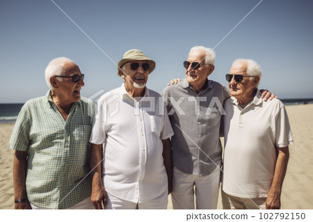 Elderly people enjoy company on sunny summer beach 102792150
