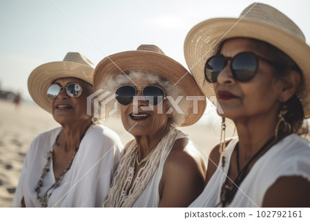 Elderly people enjoy company on sunny summer beach 102792161