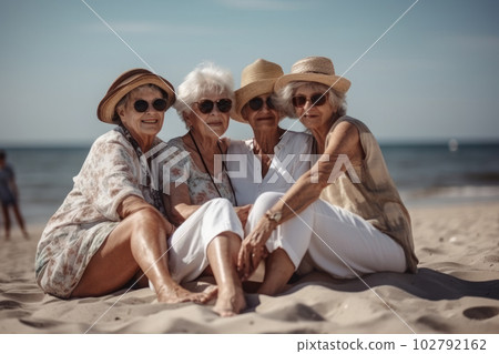 Elderly people enjoy company on sunny summer beach 102792162