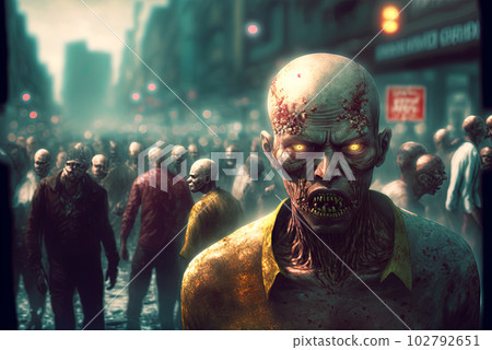 Zombies with scary faces in the crowd during the zombie apocalypse. Horror theme for Halloween or game party ad. Generated AI. Zombies with scary faces in the crowd during the zombie apocalypse. Horror theme for Halloween or game party ad. Generated AI. 102792651