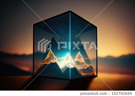 Glass architecture in the mountain landscape. Architectural abstraction combined with nature. Generated AI. Glass architecture in the mountain landscape. Architectural abstraction combined with nature. Generated AI. 102792684