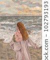 A woman running along the seashore. Modern Boho Pink Sea with Waves Art Print. Abstract Minimal Background. Bohemian printable wall art, boho poster, pastel abstract art, landscape drawing, sea 102793193