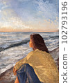 Woman at the Sea is Contemplating with Waves Art Print. Abstract Minimal Background. Bohemian printable wall art, boho poster, pastel abstract art, landscape drawing, sea painting. Abstract 102793196