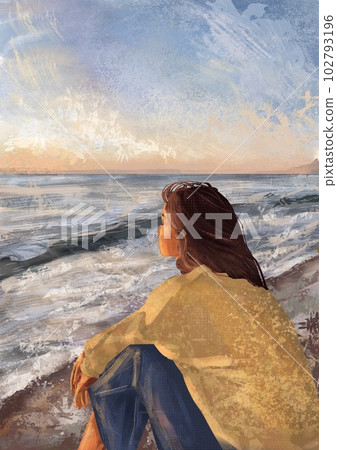 Woman at the Sea is Contemplating with Waves Art Print. Abstract Minimal Background. Bohemian printable wall art, boho poster, pastel abstract art, landscape drawing, sea painting. Abstract 102793196