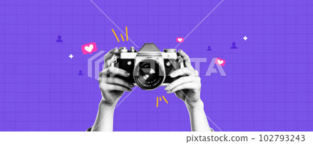 Vector collage banner. With the hands of the photographer who holds the banner. Social Media. Halftone style. Smm funnel to attract followers and likes on IG. 102793243