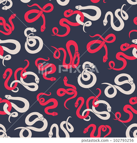 Vector seamless pattern with cute twisted colorful snakes. Pink and white serpents randomly repeating on a dark background. Vector seamless pattern with cute twisted colorful snakes. Pink and white serpents randomly repeating on a dark background. 102793256