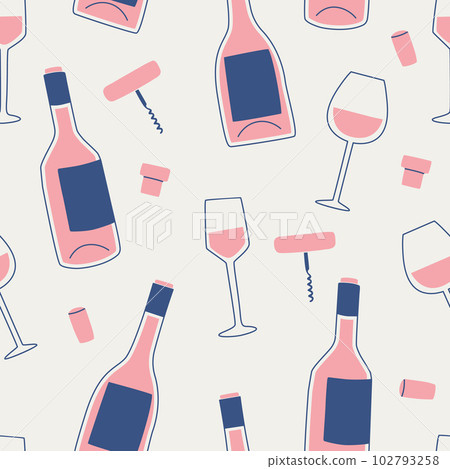 Vector seamless pattern with wine bottle, glass, corkscrew and corks. Print for design. Vector seamless pattern with wine bottle, glass, corkscrew and corks. Print for design. 102793258