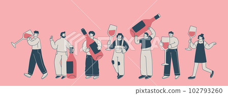 Set of cute characters with huge wine glasses and bottles. Men and women have fun at a party or wine tasting. Vector isolated illustrations for the design of cards, posters or invitations. Set of cute characters with huge wine glasses and bottles. Men and women have fun at a party or wine tasting. Vector isolated illustrations for the design of cards, posters or invitations. 102793260