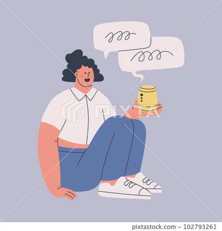 Young woman is using voice assistant. A cute character holds a wireless speaker on his hand. Friendship between humans and artificial intelligence. 102793261