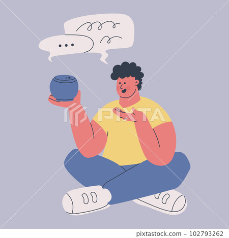 Young man is using a voice assistant. A cute character holds a wireless speaker on his hand. Friendship between humans and artificial intelligence. Young man is using a voice assistant. A cute character holds a wireless speaker on his hand. Friendship between humans and artificial intelligence. 102793262
