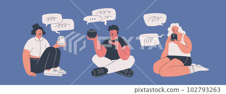 Young men and women are using the voice assistant. Cute character holds wireless speakers on his hand. Friendship between humans and artificial intelligence. Young men and women are using the voice assistant. Cute character holds wireless speakers on his hand. Friendship between humans and artificial intelligence. 102793263