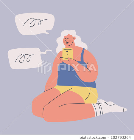 Young woman is using voice assistant. A cute character holds a wireless speaker on his hand. Friendship between humans and artificial intelligence. 102793264