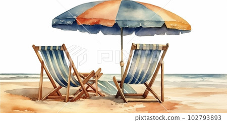 beach watercolor chair umbrella summer background vacation rest ocean resort relax. Generative AI. 102793893