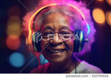 Senior African woman in headphones. Forever young, aging well, balaced life, positive mindset concept. Generative AI Senior African woman in headphones. Forever young, aging well, balaced life, positive mindset concept. Generative AI 102794026
