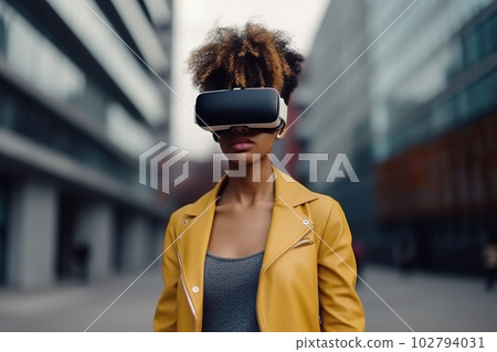 African woman on street in virtual reality glasses on street. VR headset. Futuristic technology concept.Generative AI 102794031
