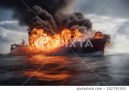 Cargo ship explosion with fire and smoke. Generative AI illustration Cargo ship explosion with fire and smoke. Generative AI illustration 102795305