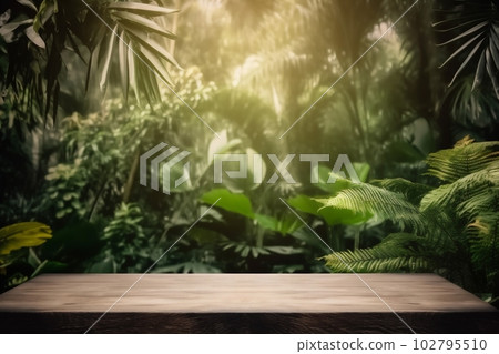 up platform wooden space mock color palm podium leaf design green. Generative AI. 102795510