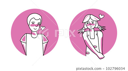 Shy boy and girl with emotion of love circle icon, facial expression with gestures. Beloved teenagers, expressing their amorous feelings. Shy boy and girl with emotion of love circle icon, facial expression with gestures. Beloved teenagers, expressing their amorous feelings. 102796034