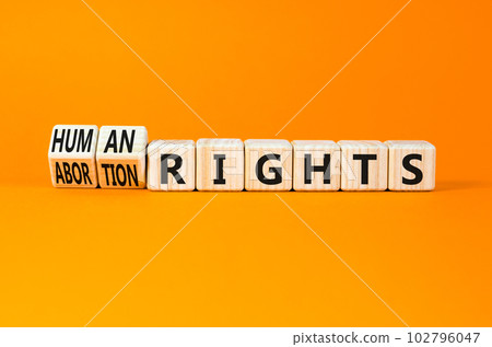 Abortion rights symbol. Concept words Abortion rights are human rights on wooden cubes. Beautiful orange table orange background. Business medical abortion rights concept. Copy space. Abortion rights symbol. Concept words Abortion rights are human rights on wooden cubes. Beautiful orange table orange background. Business medical abortion rights concept. Copy space. 102796047