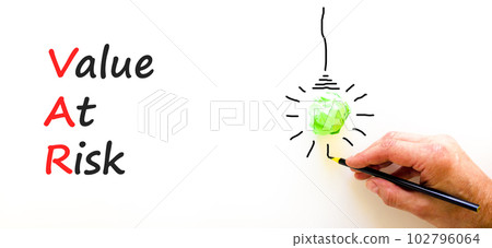 VAR Value at risk symbol. Concept words VAR Value at risk on beautiful white paper. Light bulb icon. Beautiful white table white background. Business and VAR Value at risk concept. Copy space. 102796064